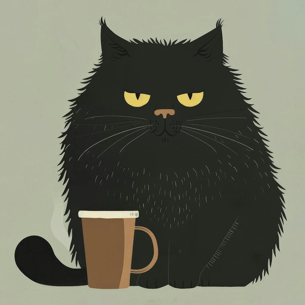 Black Cat With A Cup Of Coffee