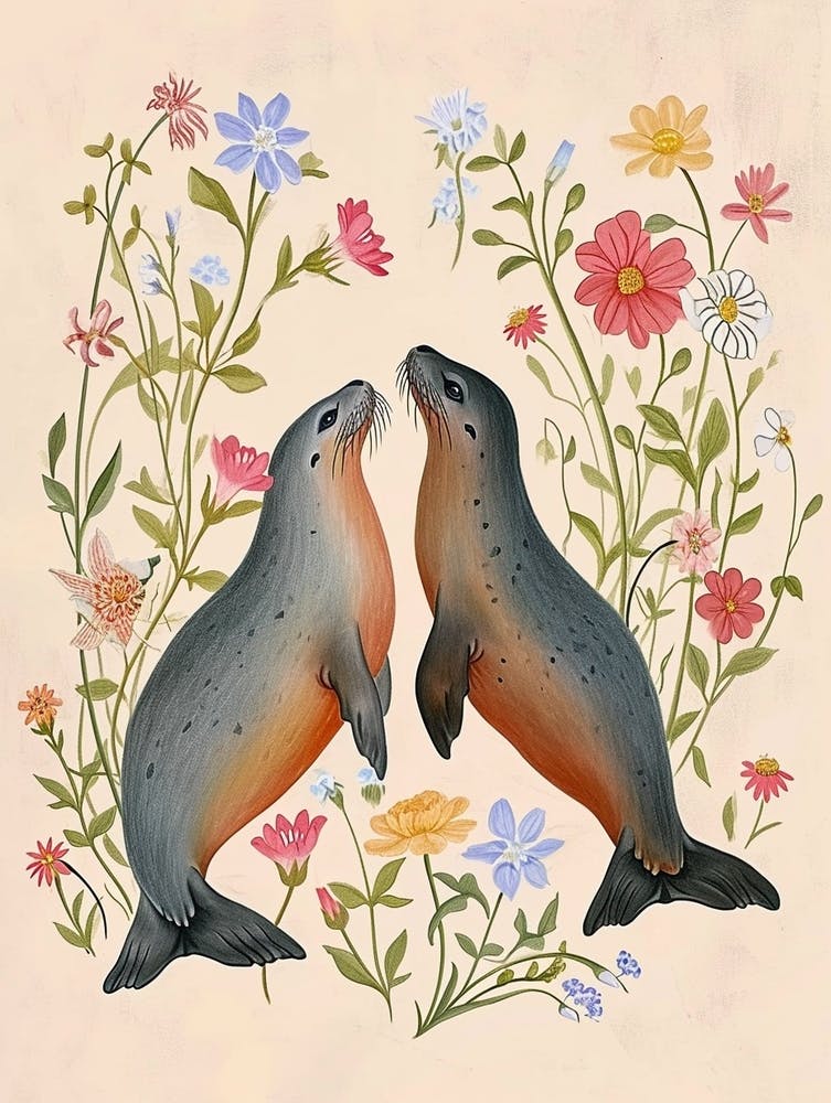 Folkloristische Florale Tierzeichnung Robbe 6