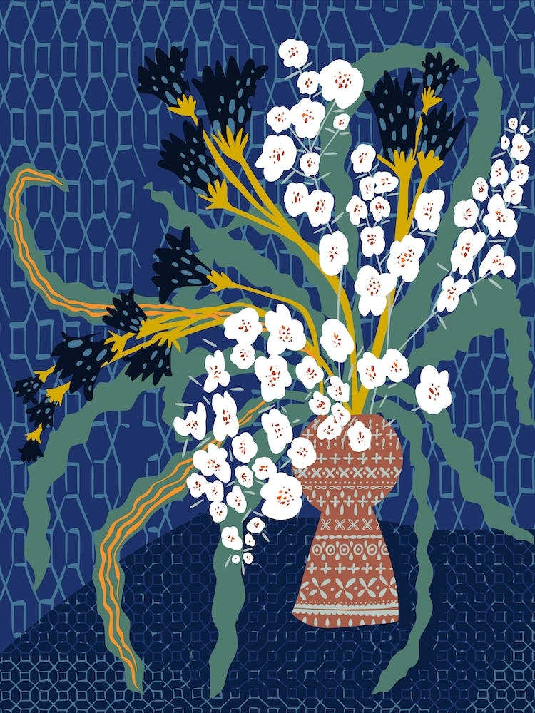 Floral Contemporary Still Life Dark Blue