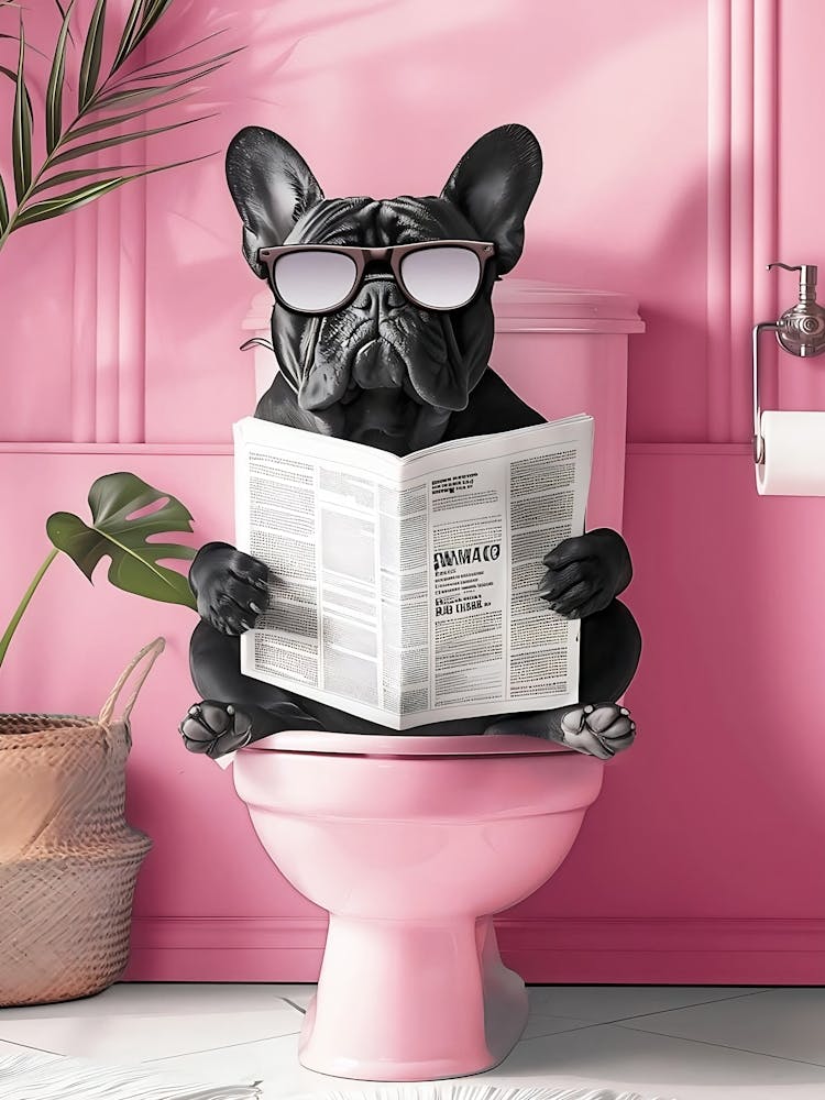 Bathroom Blue French Bulldog On Toilet Print, Funny Bathroom Print, Toilet Poster, Funny Dog Print, Bathroom Wall Art, Maximalist Wall Art