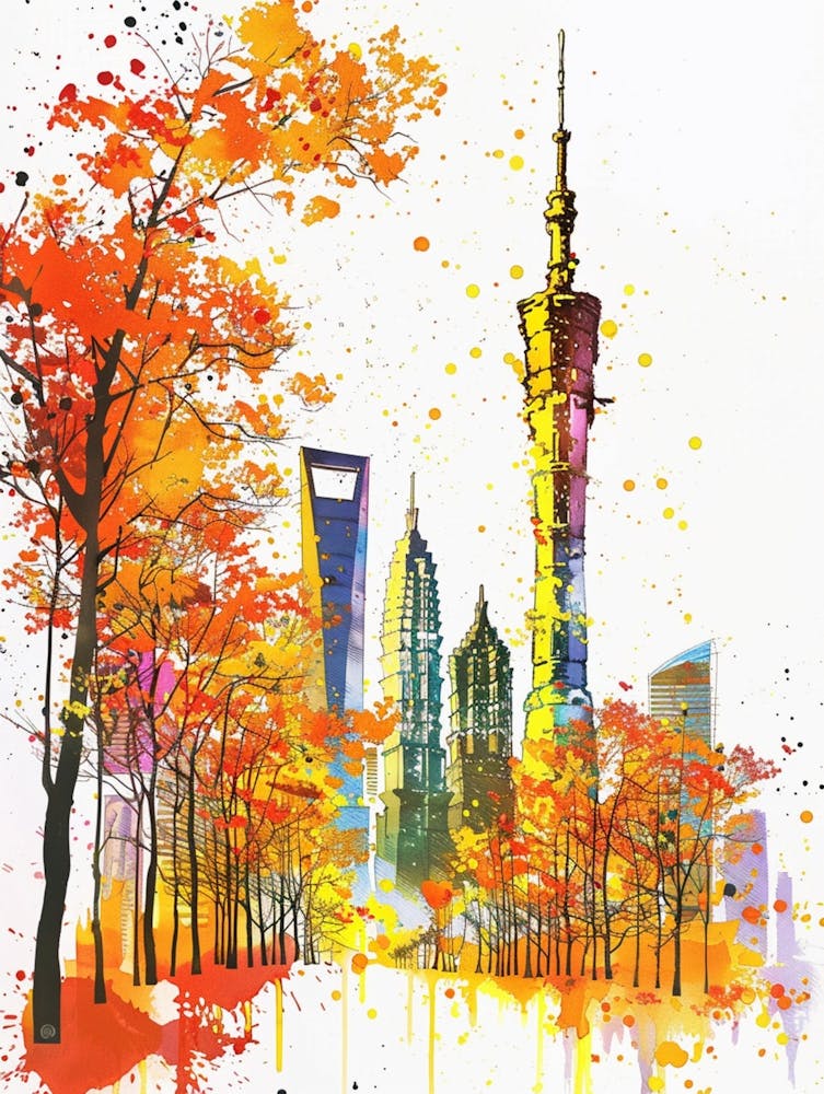Guangzhou Tower In Guangzhou, White Background, Colorful Ink Style Illustration, Yellow Color Scheme, Light And Shadow Effects, Wu Guanzhong S Brushstrokes, White Space On The Left Side Of The Paper, High Definition Details, Ink Spla