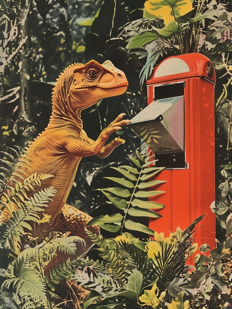 Dinosaur At The Postbox Retro Collage 2