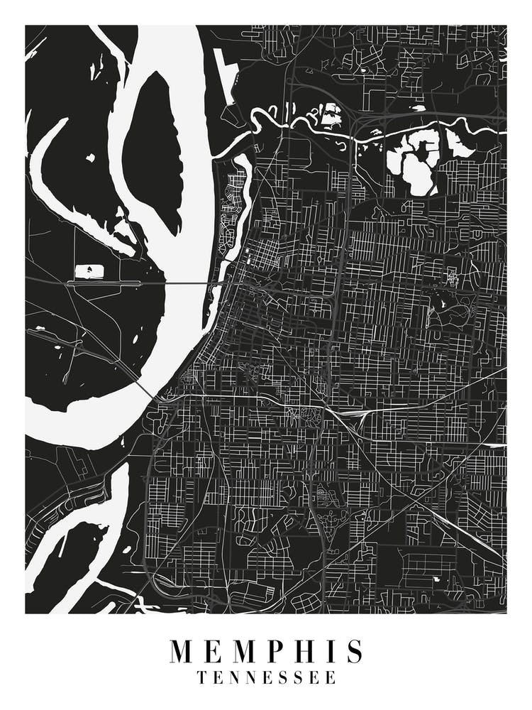 Memphis Tennessee Minimal Black Mono Street Map 