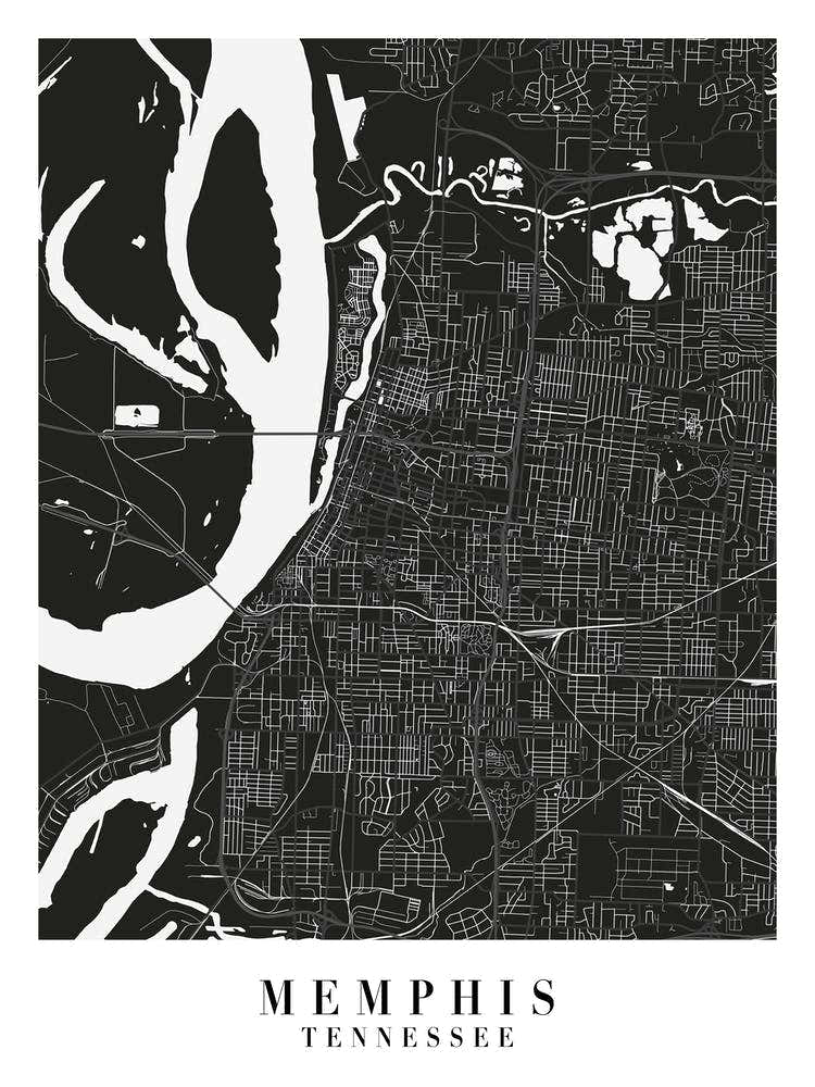 Memphis Tennessee Minimal Black Mono Street Map