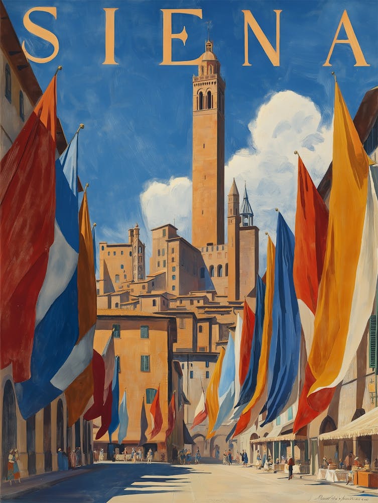 Vintage Siena Italian Travel Poster | Piazza del Campo & Red Flag Art