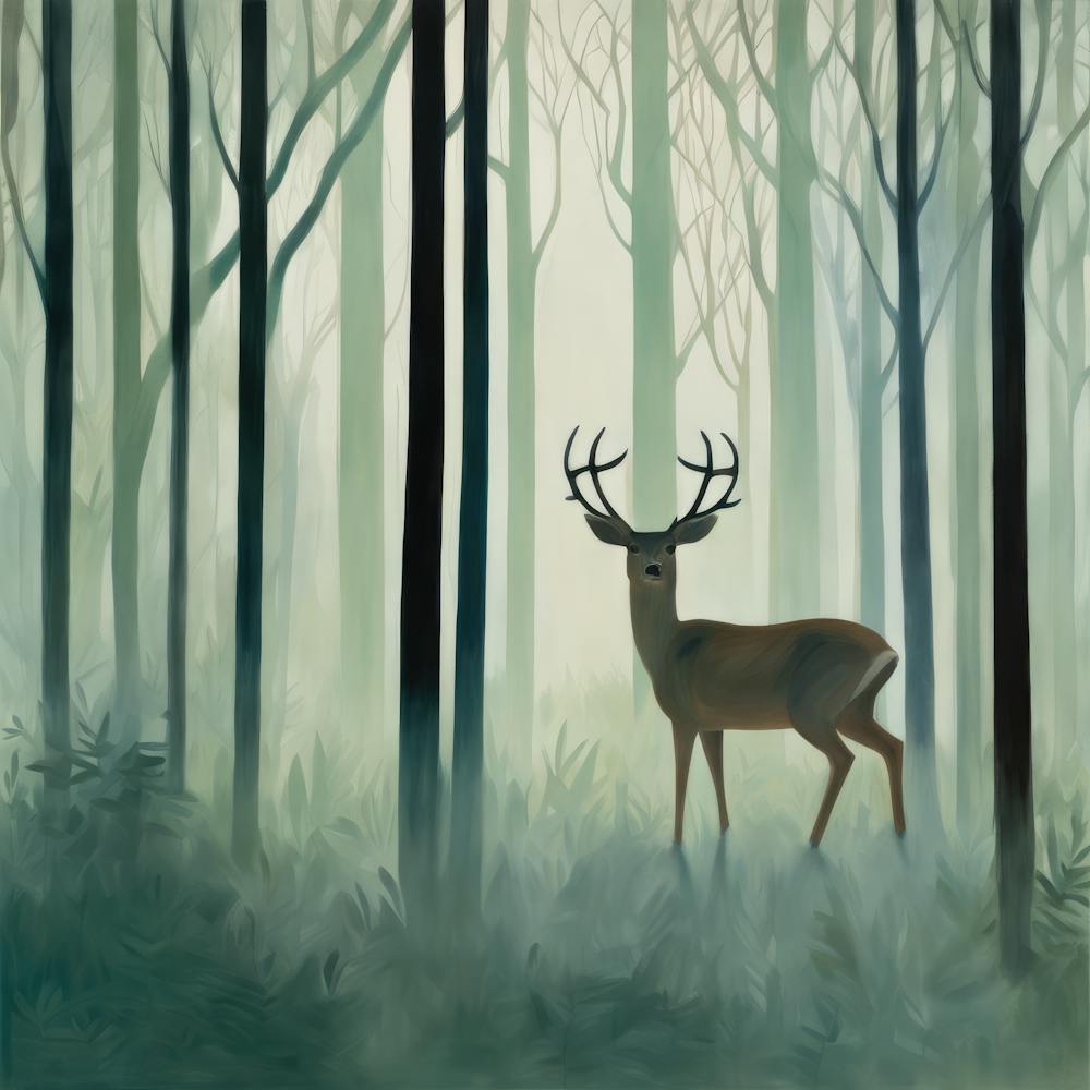 Deer in Misty Forest Series. Style of Hockney. 2