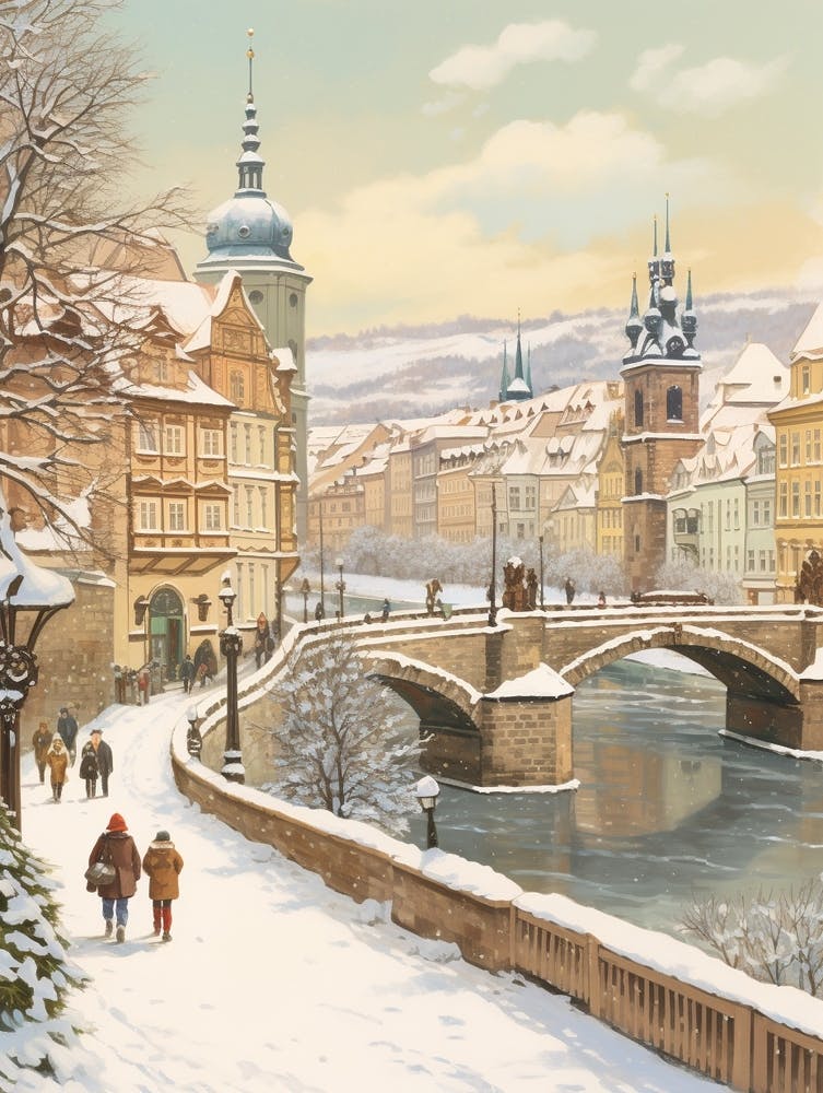 Vintage Winter Illustration Prague Czech Republic 6
