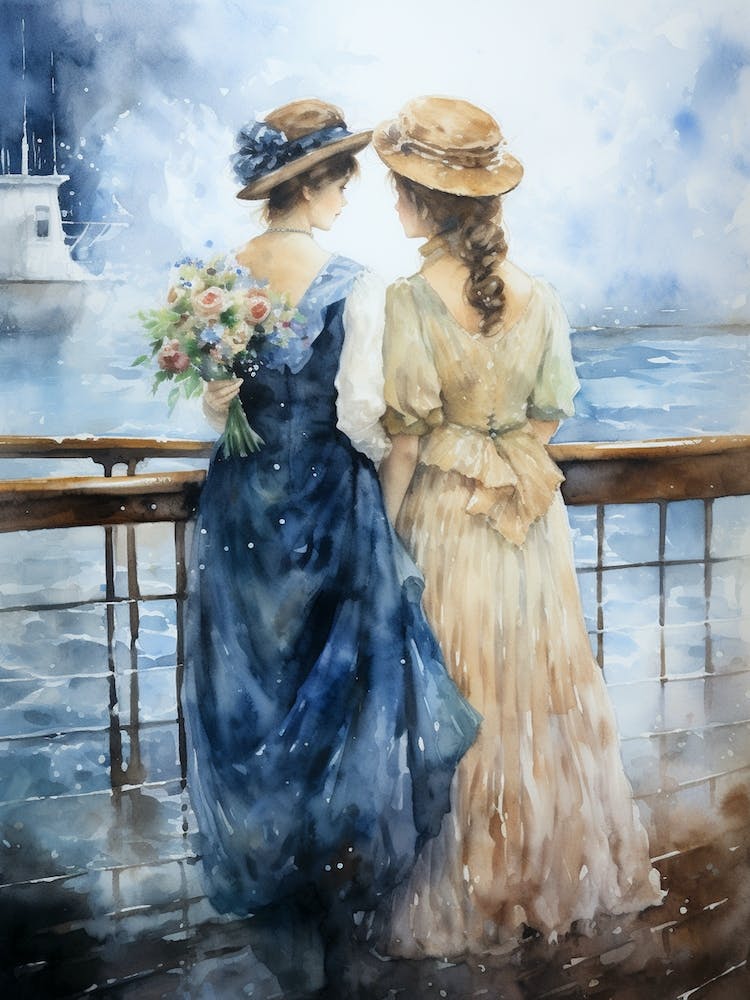 Titanic Ladies On Ship Watercolour 3