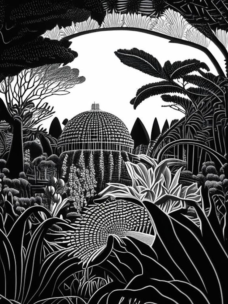 Gardens By The Bay, Singapore Linocut Black And White Vintage