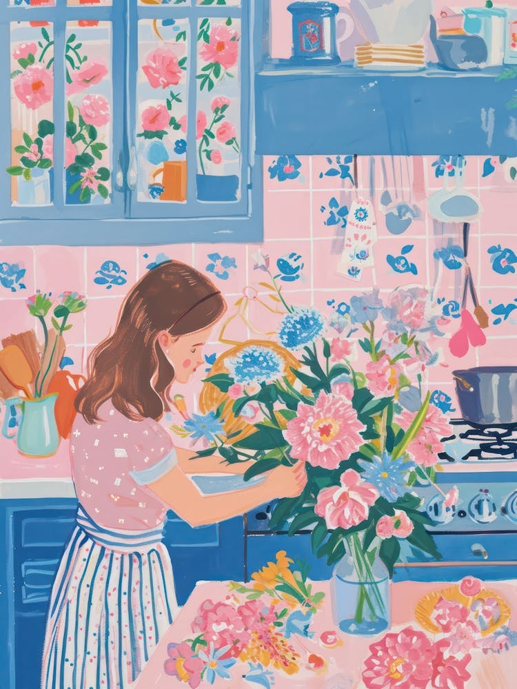Girl With Flower Bouquet Lo Fi Kawaii Illustration 3
