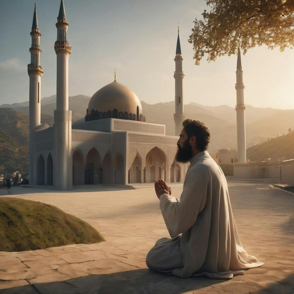 Man Praying In Front Of Mosque