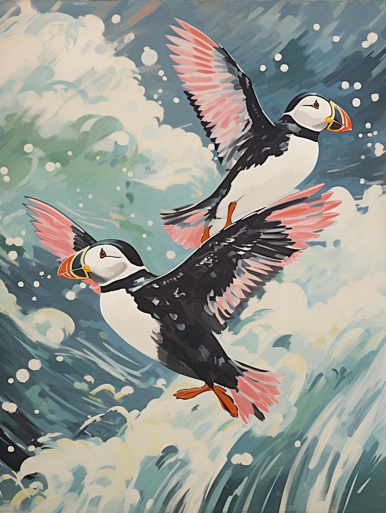Vintage Japanese Inspired Bird Print Puffin 3