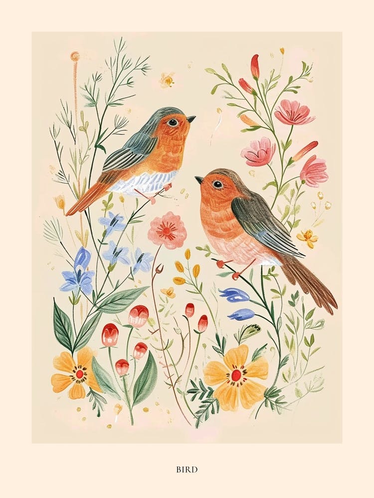 Folksy Floral Animal Drawing Bird 1 Poster