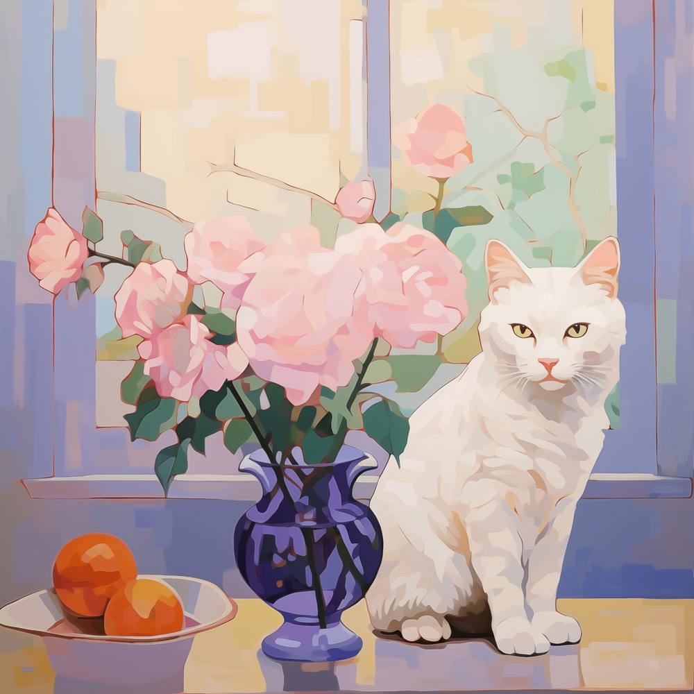 Weiße Katze mit Rosen