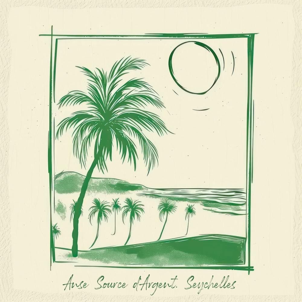 Anse Source Dargent, Seychelles Green Line Art Illustration