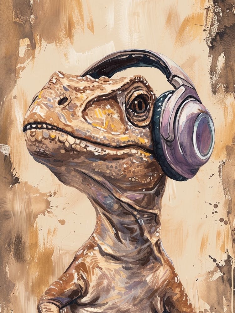 Dinosaur With Headphones On Brushstrokes 1
