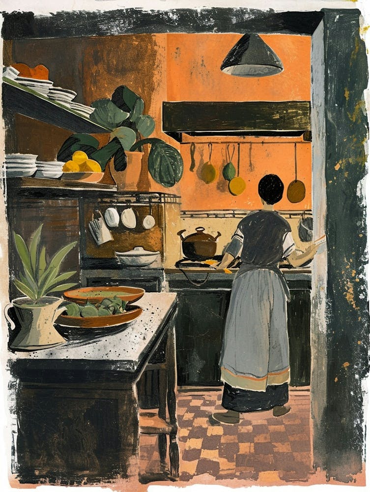 Koch in der Küche Gouache-Gemälde