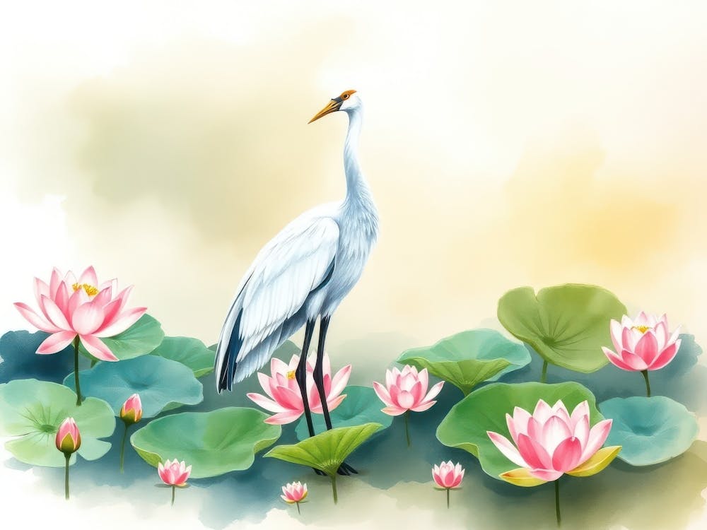 White Crane On Lotus Flower