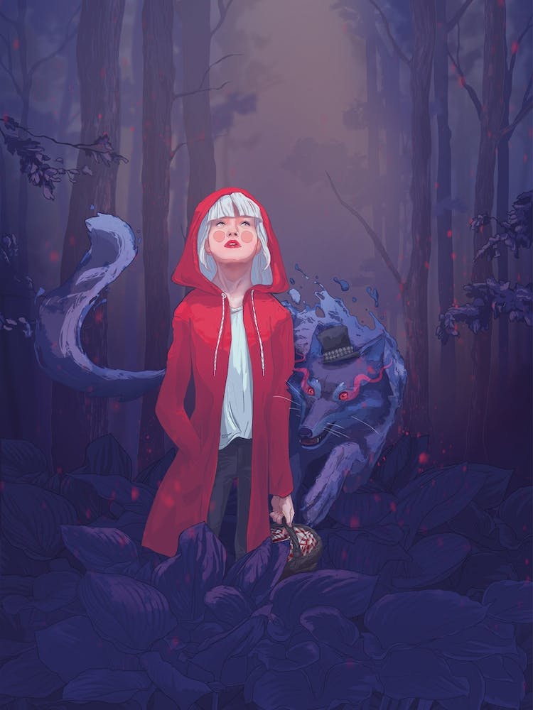 Red Riding Hood with Woolf surrounded by magical forrest, art print, kids stories, children book art, dark wood