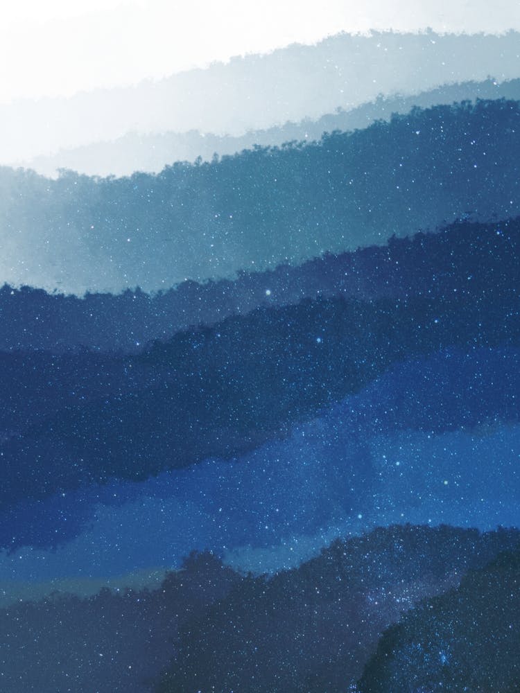 Minimal art abstract watercolor painting of blue hills