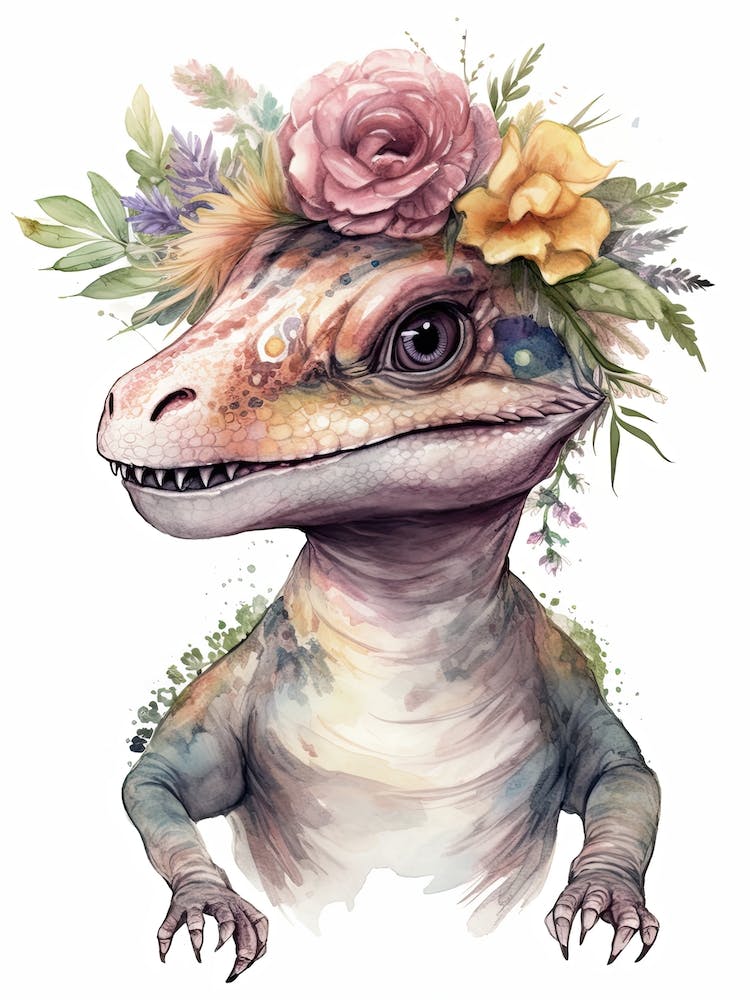 Velociraptor With A Crown Of Flowers Cute Dinosaur Watercolour 1