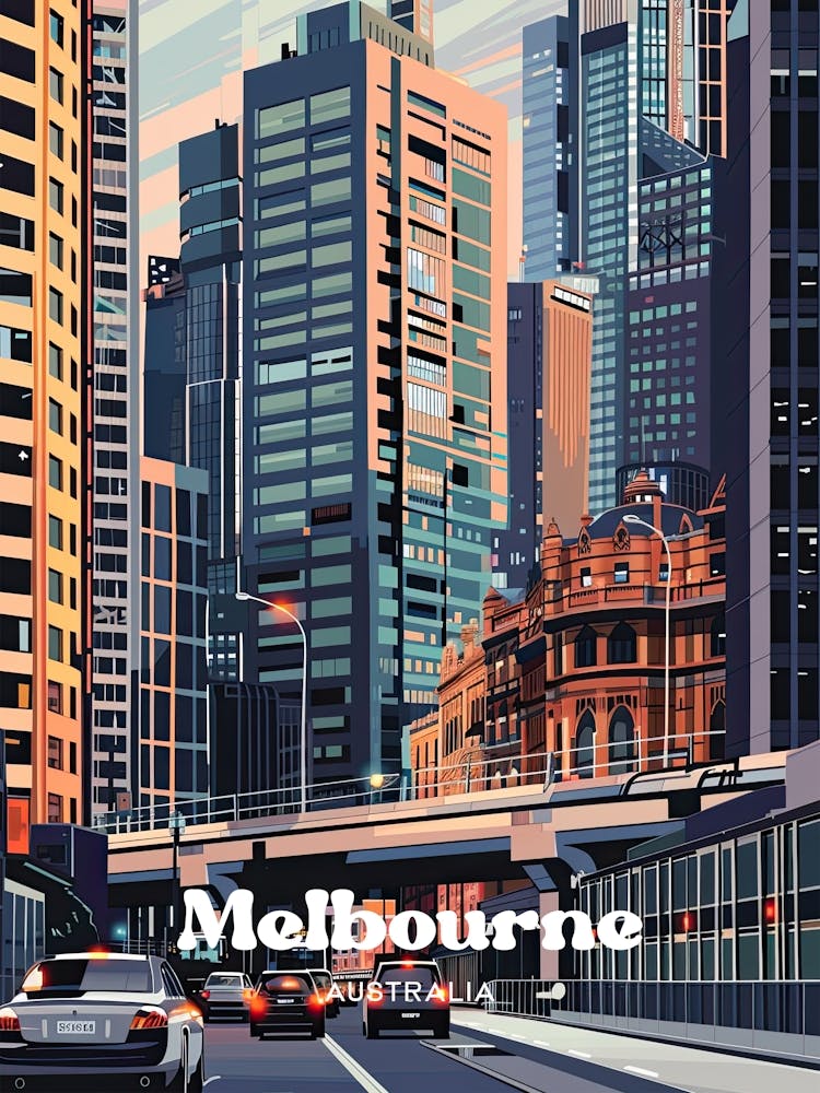 Melbourne Australia Urban City Travel Art Illustration
