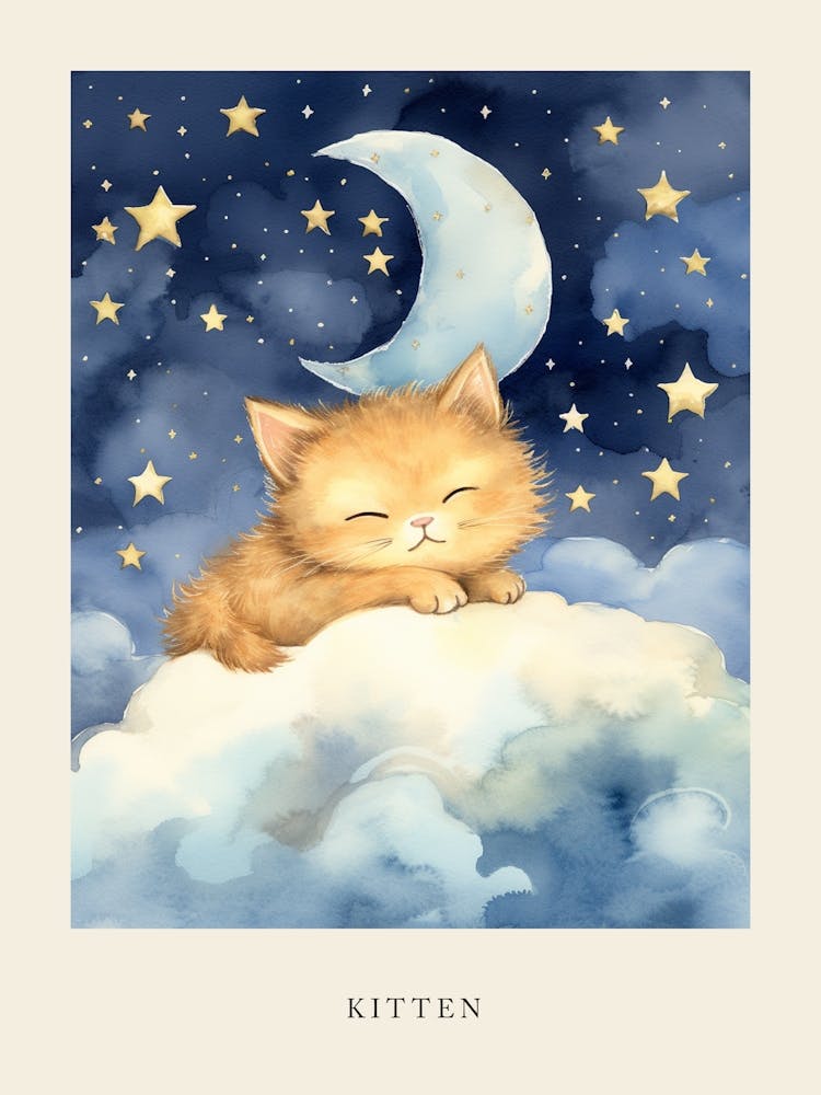 Baby Kitten 1 Sleeping In The Clouds Nursery Poster