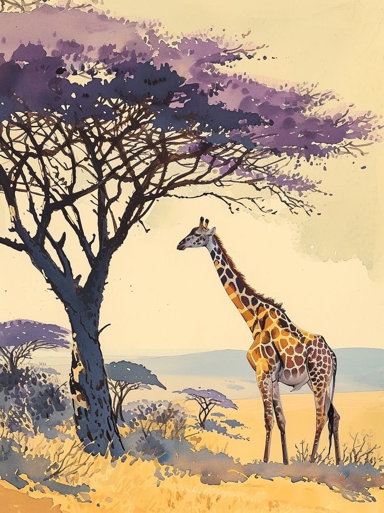 Lilac Giraffe Watercolour Inspired Illustration Under The Acacia Tree 2