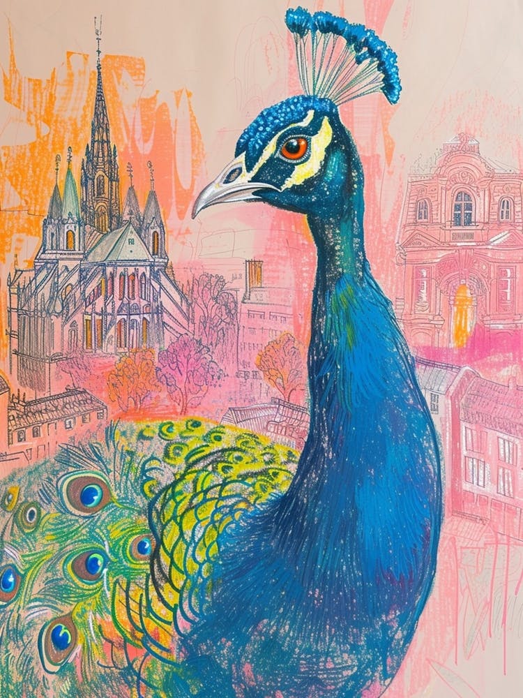 Peacock Sketch With A Palace In The Background 1