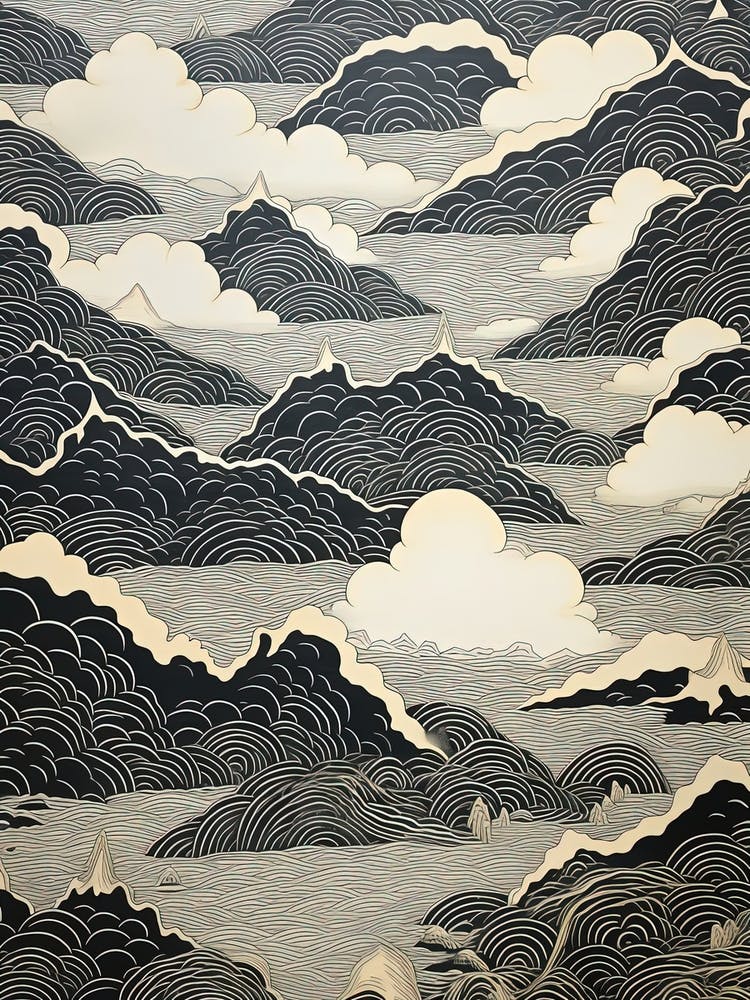 Chugoku Mountains In Multiple Prefectures, Ukiyo E Black And White Line Art Drawing 3