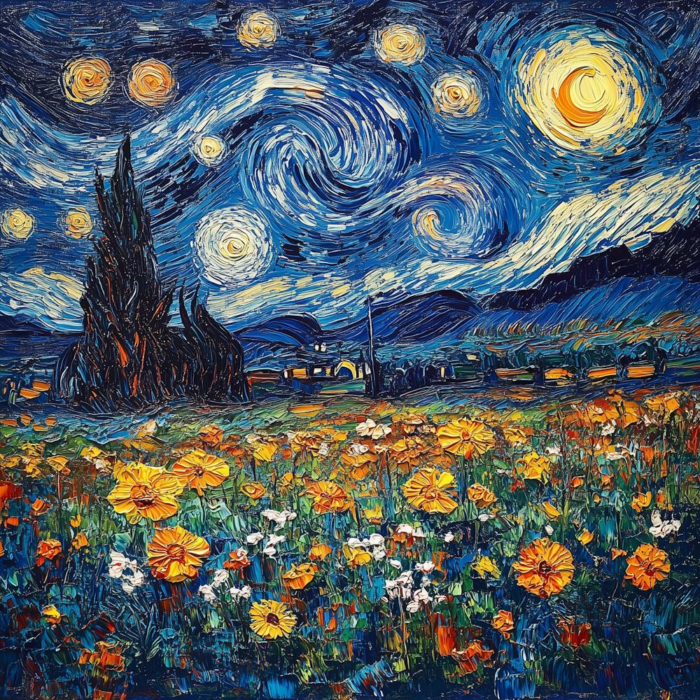 Field of Flowers Starry Night Van Gogh Inspired Art Print by
