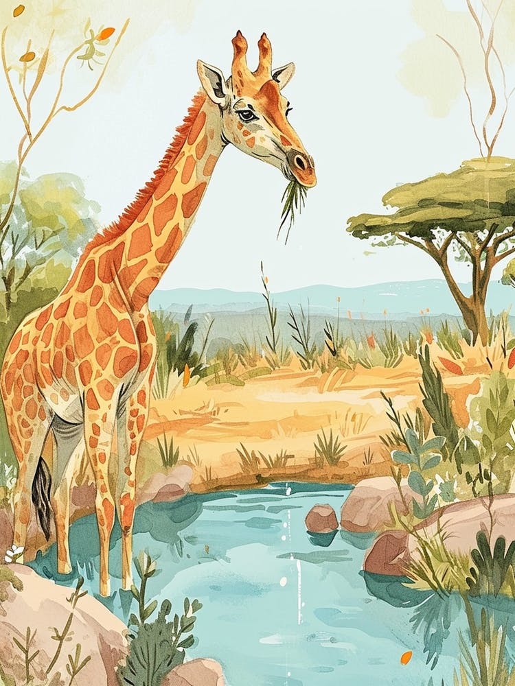 Giraffe am Wasserloch Moderne Illustration 1