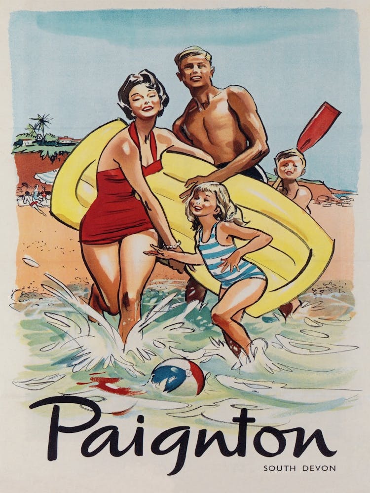 Paignton England, Family at Beach, Vintage Travel Poster