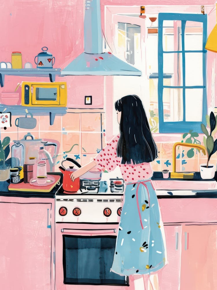 Girl Putting The Kettle On Lo Fi Kawaii Illustration 4