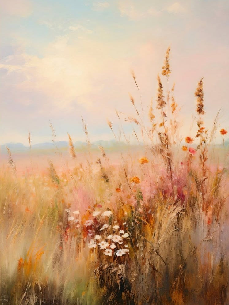 Muted Fall Wildflower Field Landscape Painting, Neutral Landscape, Autumn Landscape Printable, Vertical Landscape Digital Download