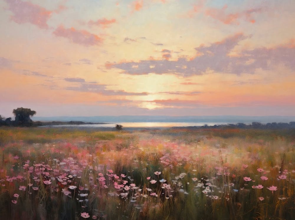 Wildflower Field Landscape, Vintage Sunset Landscape Oil Painting, Muted Country Field Wall Art Digital Download, Nature Printable