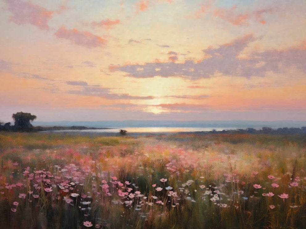 Wildflower Field Landscape, Vintage Sunset Landscape Oil Painting, Muted Country Field Wall Art Digital Download, Nature Printable
