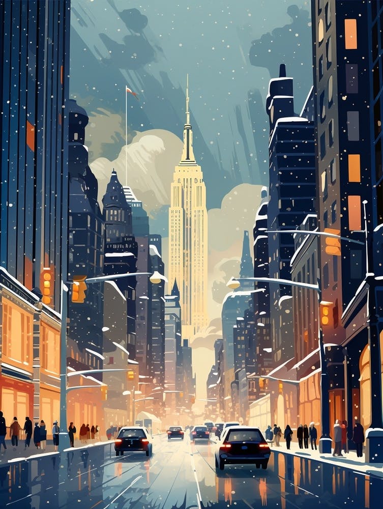 Winter Travel Night Illustration New York City Usa 3