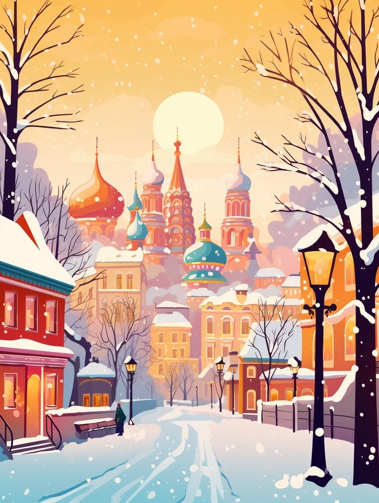Vintage Winter Travel Illustration Moscow Russia 2