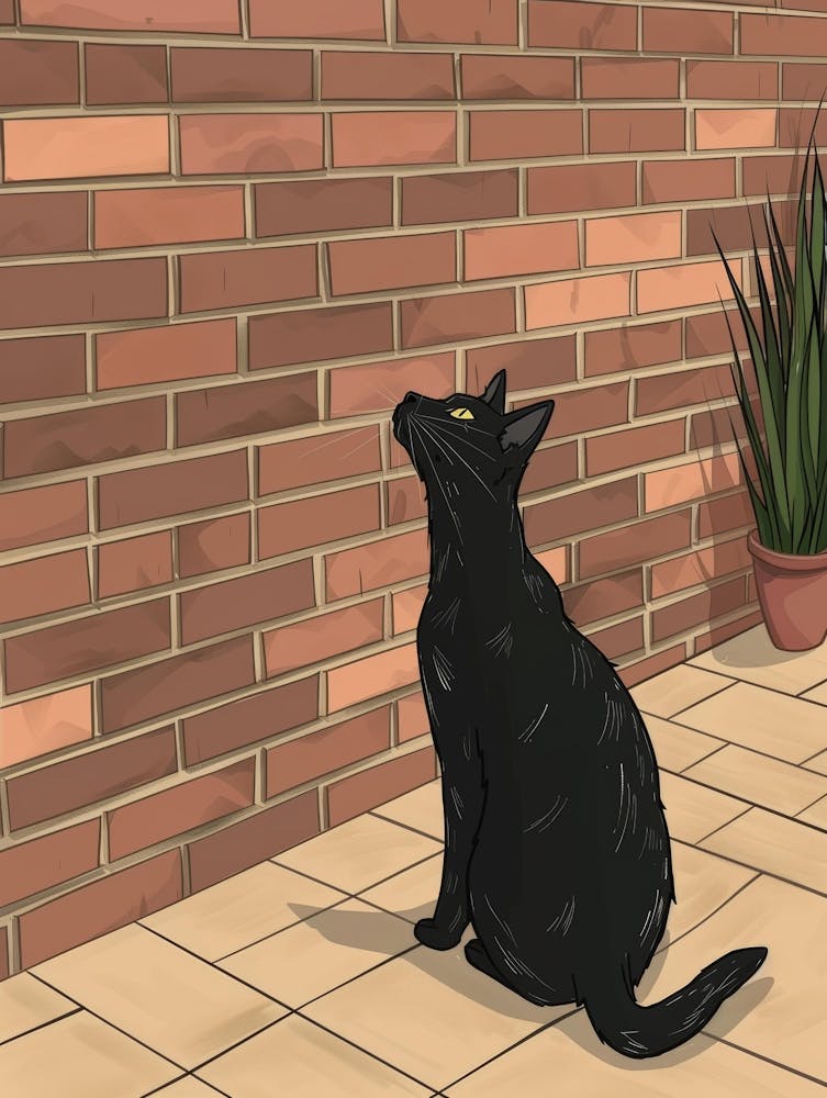 Black Cat Looking At Brick Wall