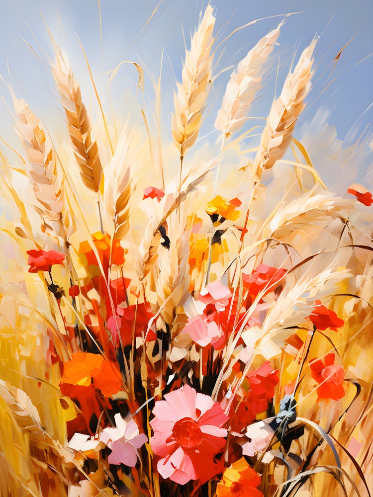 Golden Wheat & Wildflowers Rustic Country Farmhouse Wall Art In Impressionist Style