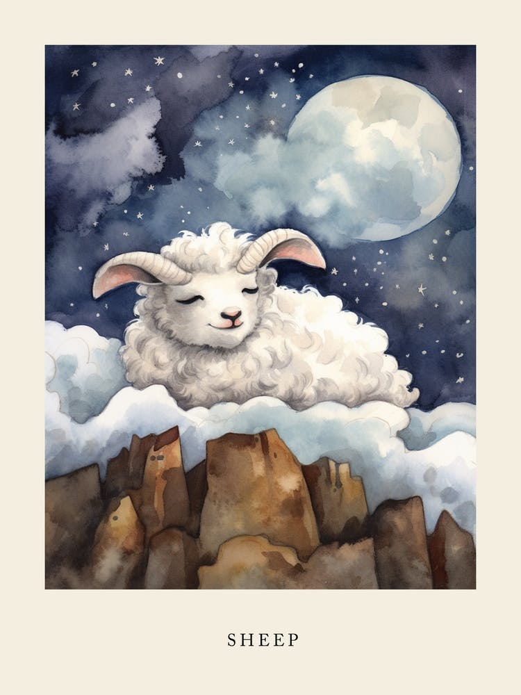 Baby Sheep Sleeping In The Clouds Nursery Poster