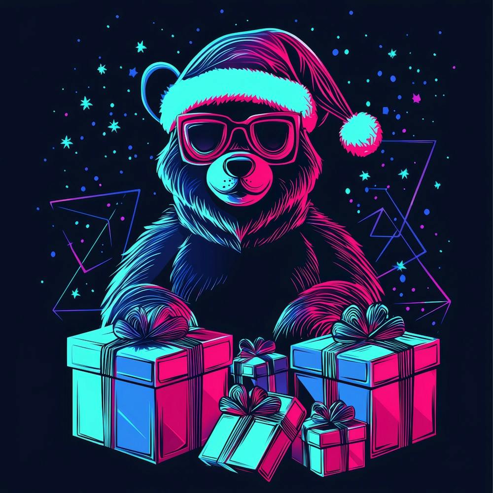 Vector Illustration Glowing Neon Bear In A Santa Generated AI. Wall 1