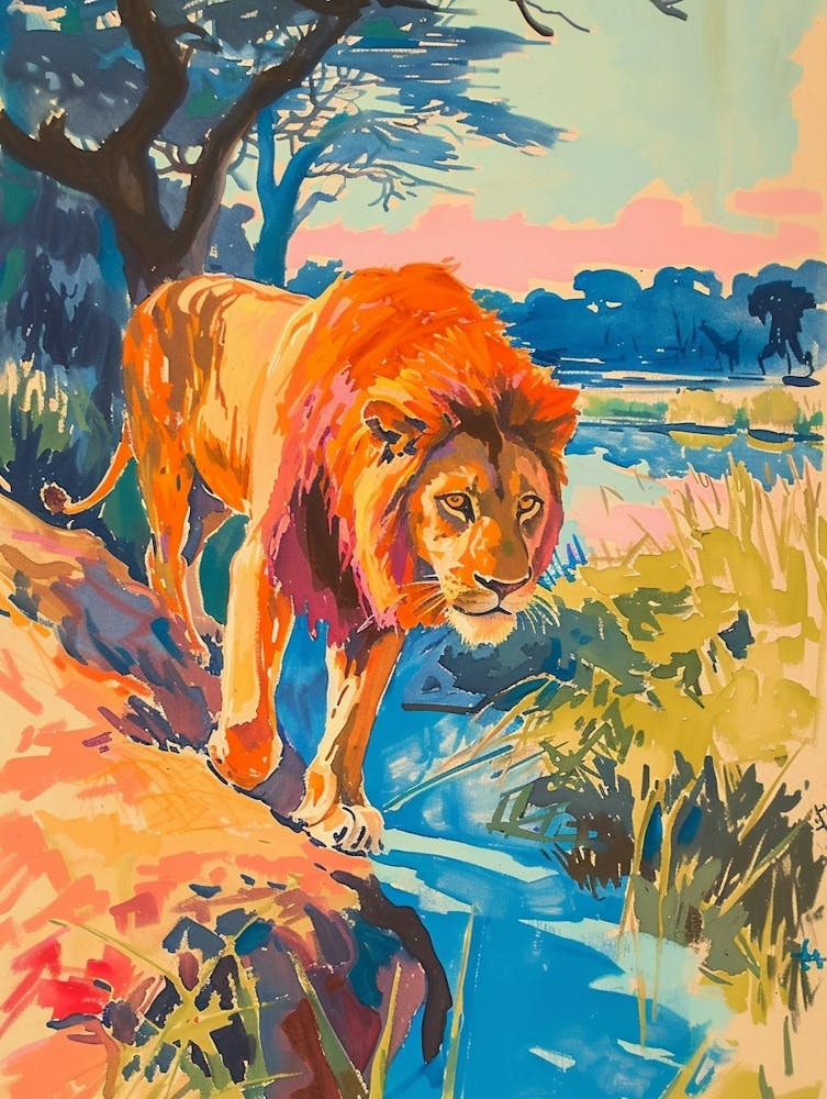 Asiatic Lion Hunting In The Savannah Fauvist Painting 3