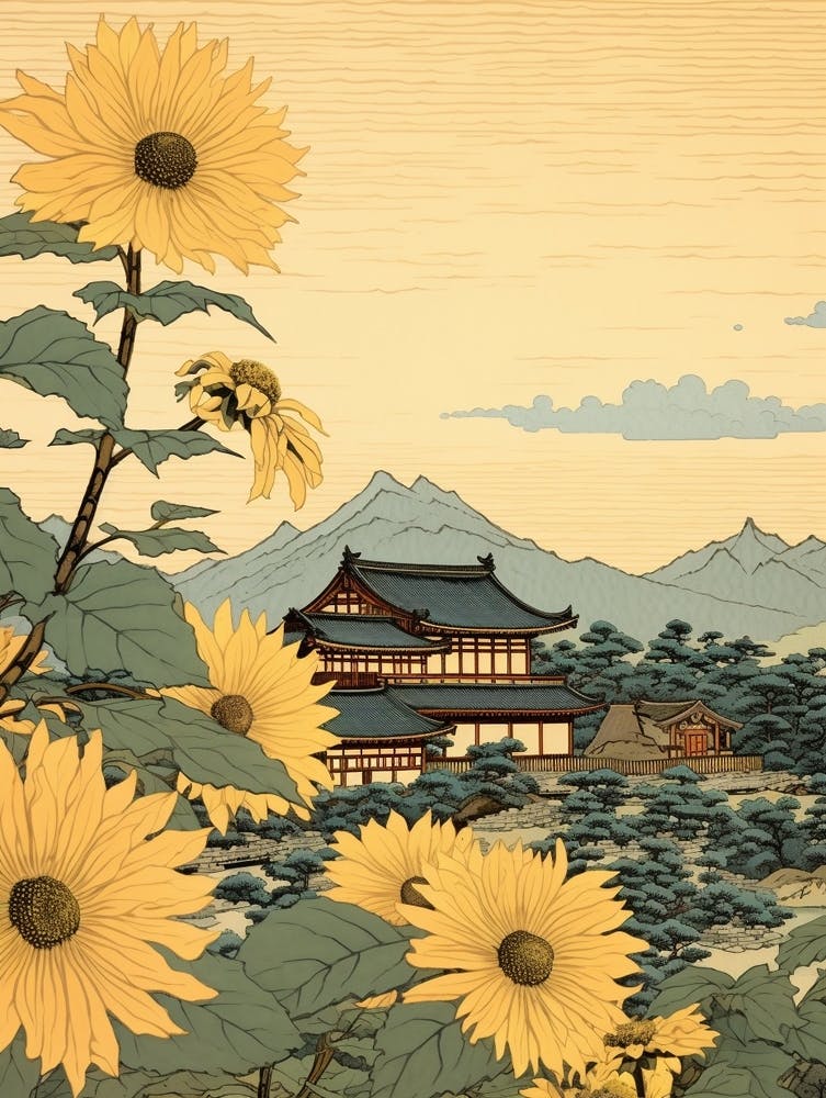 Himawari Sunflower Japanese Botanical Illustration