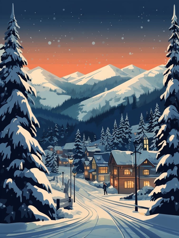 Winter Travel Night Illustration Whistler Canada 2