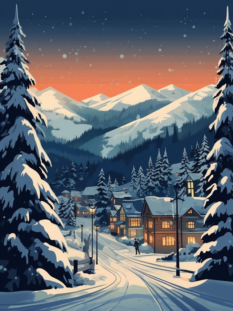 Winter Travel Night Illustration Whistler Canada 2