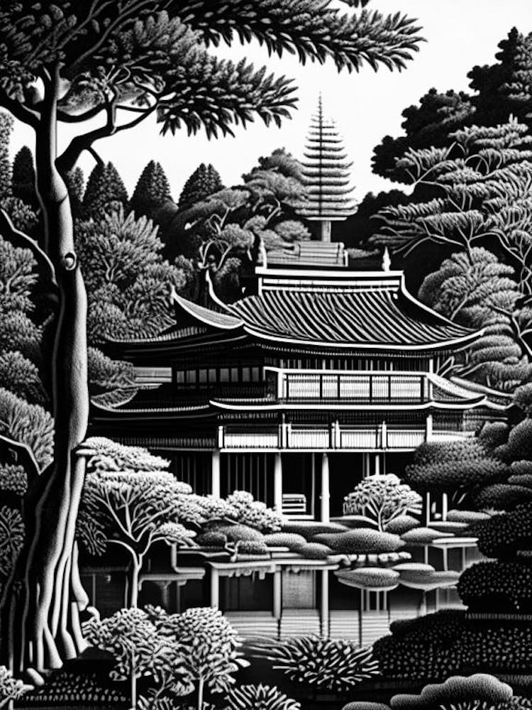 Katsura Imperial Villa, 1, Japan Linocut Black And White Vintage