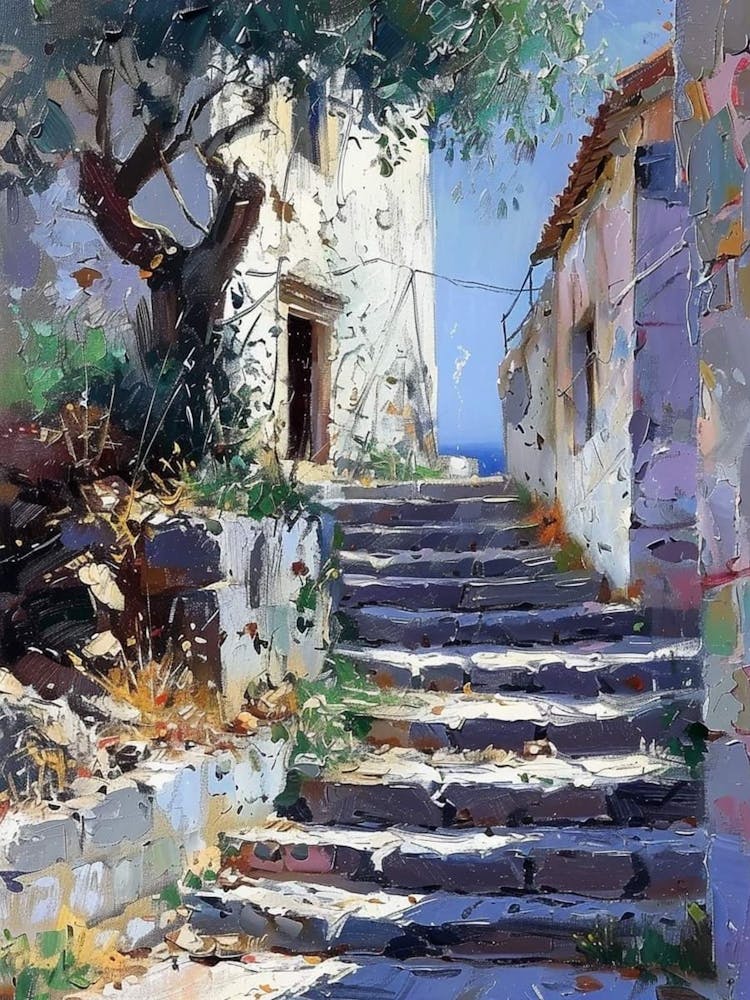 Mediterranean Country Village Walkway| Beautiful Landscape Scenery Painting | Contemporary for Feature Wall | Vibrant Beautiful Wall Decor in HD