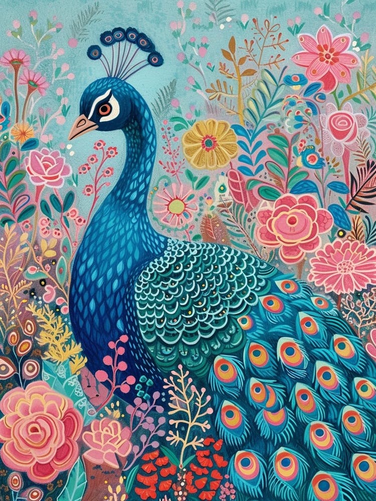 Floral Folky Peacock In The Meadow 1